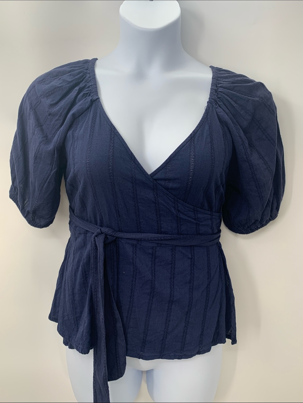 Old Navy Women's Blue Smocked V Neck Wrap Blouse Puff Sleeve Boho Top M